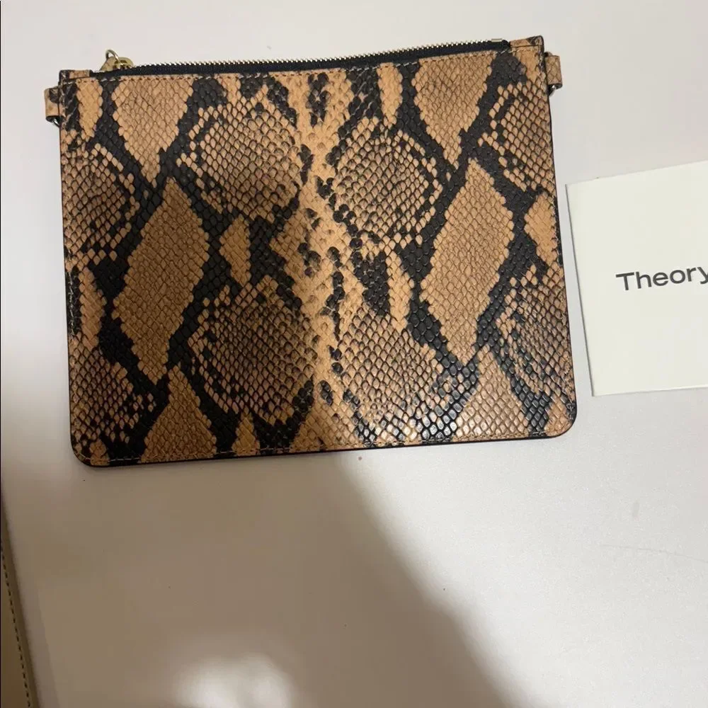 Theory Minimalist Transformer Liden Lamb Leather Pouch Clutch Bag Snake Brown